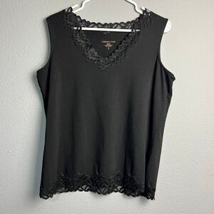 Coldwater Creek Black Lace Trim Sleeveless V Neck Tank Top Base XL 16 Cotton BL